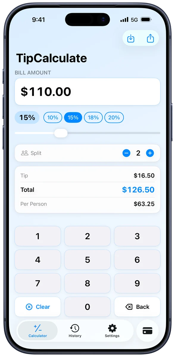 Tip & Bill Split Calculator screenshot 1 of 5, shown on iPhone