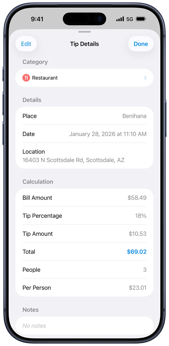 Tip & Bill Split Calculator screenshot 4 of 5, shown on iPhone