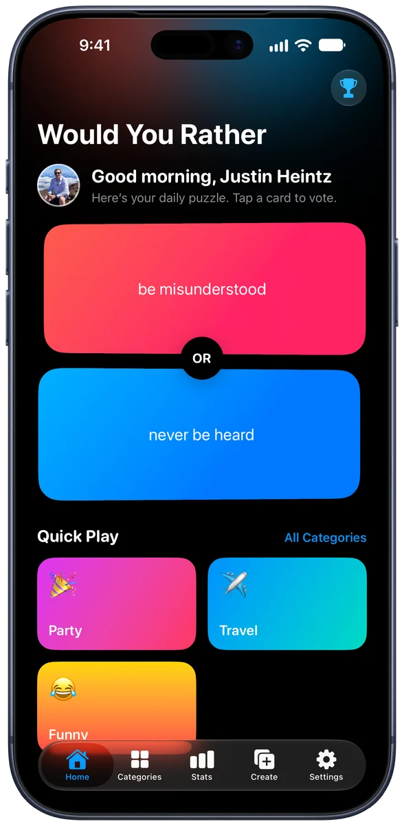 Would U Rather screenshot 2 of 6, shown on iPhone